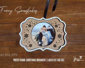 Adorno navideño de copo de nieve con marco de fotos en capas cortado con láser