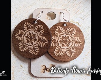 Wood laser-engraved delicate flower earrings