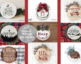 May include: A set of 10 Christmas-themed round wooden signs with various designs and sayings. The signs feature red and white checked fabric, greenery, and a red truck. The sayings include "Merry Christmas", "Silent Night", "We Wish You a Very Merry Christmas", "Let It Snow", "Dashing Through the Snow", "Farm Fresh Christmas Trees", "Joy", and "Merry".