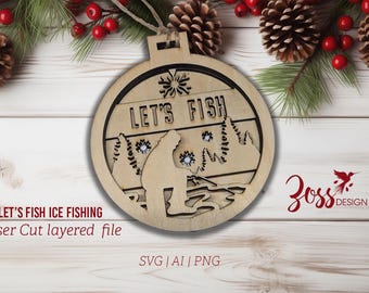 Adorno de pesca en hielo "Let's Fish" de madera cortada con láser en capas SVG