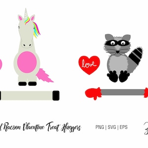 Arquivo de corte SVg de suporte de doces Racoon e Unicórnio | Arquivos de corte SVG de cartão de dia dos namorados,