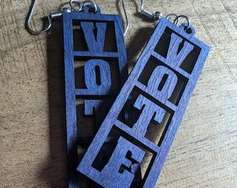 Vote Wood Laser cut Blue Earrings