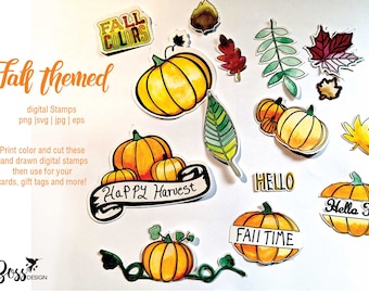 Puede incluir: Un conjunto de sellos digitales con ilustraciones de temática otoñal, que incluyen calabazas, hojas y pancartas con texto como "Happy Harvest", "Hello Fall" y "Fall Time".
