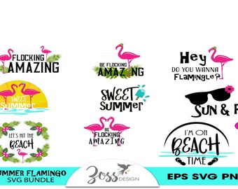 May include: A set of 10 summer flamingo SVG cut files. The designs feature pink flamingos, green palm trees, and text that says "Flocking Amazing", "Be Flocking Amazing", "Sweet Summer", "Let's Hit the Beach", "Hey Do You Wanna Flamingle?", "Sun & Fun", "I'm On Beach Time".