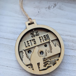 Laser Cut Wood Ice Fishing Christmas Ornament | Handmade Holiday Decor | Rustic Winter Ornament