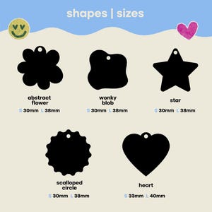 May include: A chart titled shapes | sizes displaying five black silhouettes of charms: an abstract flower, a wonky blob, a star, a scalloped circle, and a heart. Each shape includes labels for small and large sizes in millimeters ranging from 30mm to 40mm.