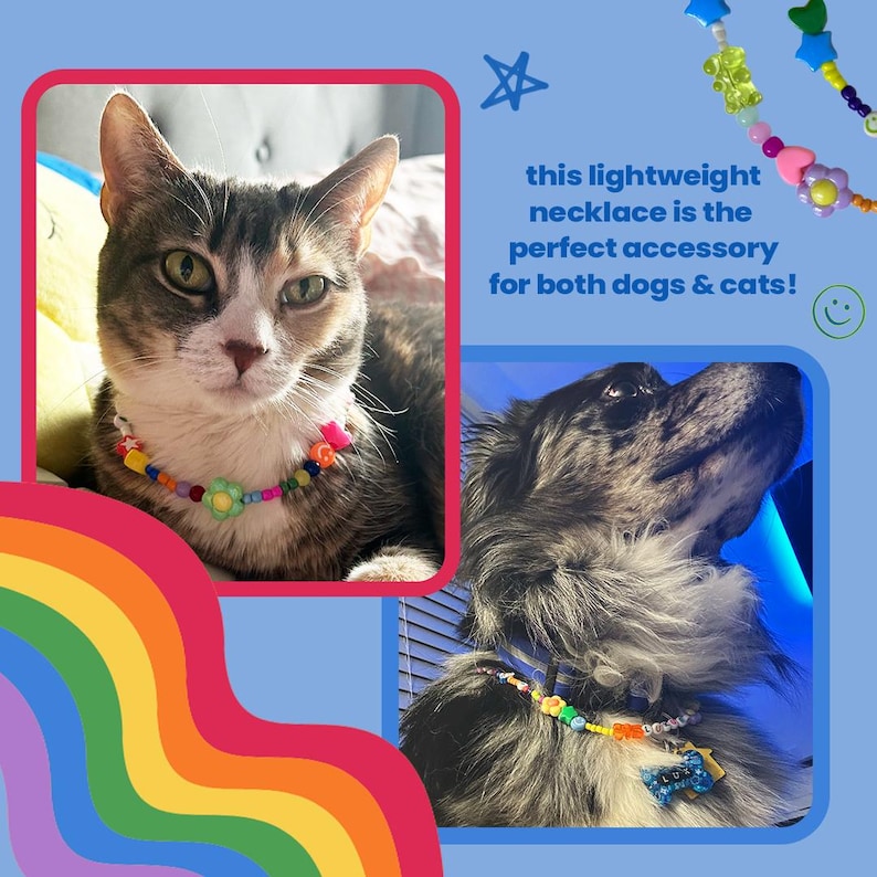 May include: A colorful beaded necklace with flowers and stars, worn by a cat and a dog. The necklace is described as lightweight and perfect for both cats and dogs.