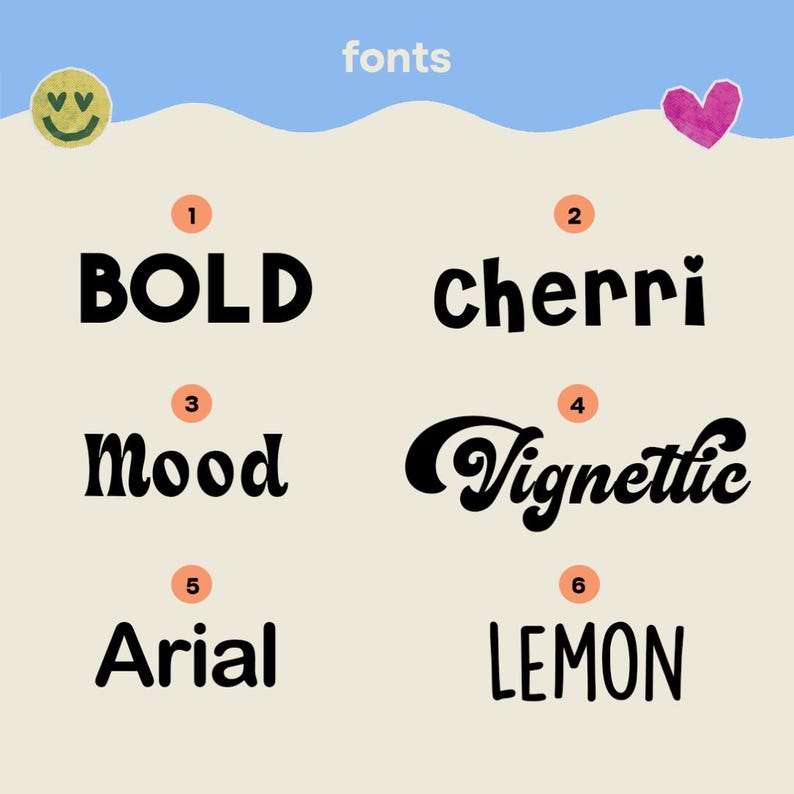 May include: A font selection chart featuring the word fonts at the top, a yellow smiley face, and a pink heart. Six numbered options are displayed in black text: 1 BOLD, 2 cherri, 3 mood, 4 Vignettic, 5 Arial, and 6 LEMON, all on a cream background.