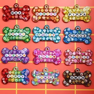 May include: A collection of colorful, bone-shaped pet tags with names like "MAX," "HARVEY," and "PIPPA." Each tag features a unique design with various embellishments and a small ring for attachment. The tags are arranged on a red grid.