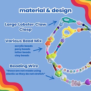 May include: A colorful beaded necklace with a lobster claw clasp and a variety of beads, including acrylic, pony, letter, and clay beads. The necklace is made with beading wire and features the text "JAKE" on the beads.