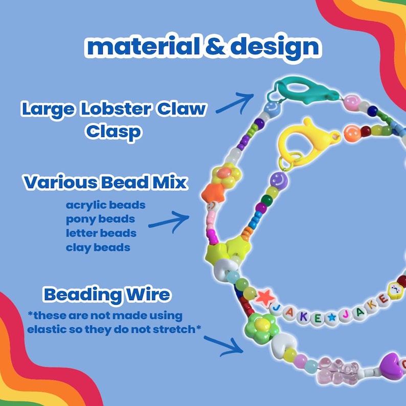 May include: A colorful beaded necklace with a lobster claw clasp and a variety of beads, including acrylic, pony, letter, and clay beads. The necklace is made with beading wire and features the text "JAKE" on the beads.