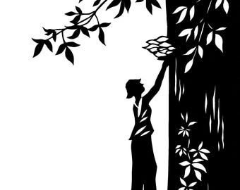 Oyster Mushroom Forager Silhouette Paper Cutting