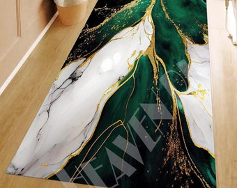 Emerald Marble Rug: Green, White & Gold Hallway Runner