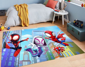 May include: A colorful rug featuring cartoon characters of Spider-Man and Spider-Gwen swinging through a city skyline. The rug is perfect for a child's bedroom or playroom.