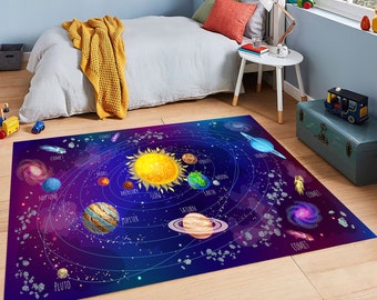 May include: A colorful rug depicting the solar system with planets, stars, and comets on a dark blue background. The rug features the names of each planet, including Pluto, and the words "Comet" and "Sun".