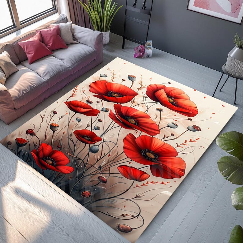 Poppy Kitchen Rug Red Poppy Rug: Floral Spring Home Decor, Non-slip Cotton Base - Etsy