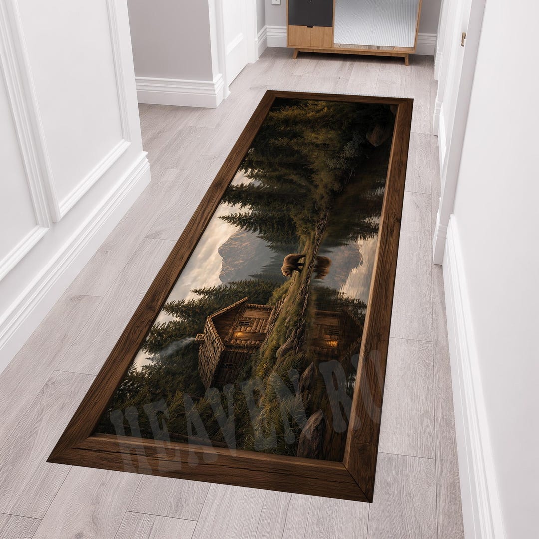 Bear Cabin Runner Rug, Rustic Mountain Landscape - Etsy