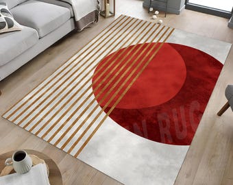 Mid Century Modern Rug: Red Circle, Golden Detail, Abstract Art