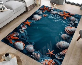 Seashells Rug: Nautical Starfish, Beach House Decor