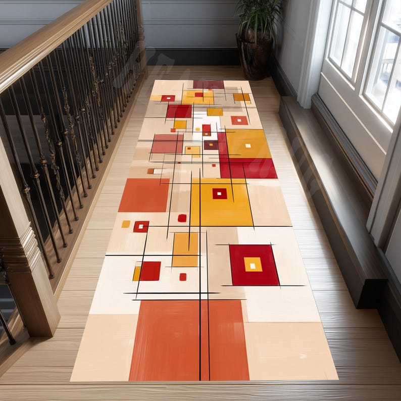 May include: A rectangular runner rug with an abstract geometric design. The rug features squares and rectangles in shades of red, orange, and yellow, with black lines and a beige background. The rug is placed on a wooden floor near a staircase.
