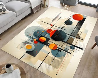 May include: Abstract geometric rug with a white background, featuring black, gray, orange, and red circles and lines. The rug has a modern and contemporary design.