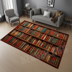 May include: A rectangular rug with a printed design of a bookshelf filled with various antique books. The books have different colors and sizes, with a brown wooden frame. The rug is placed on a light-colored wooden floor.