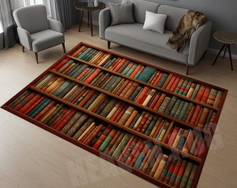 May include: A rectangular rug with a printed design of a bookshelf filled with various antique books. The books have different colors and sizes, with a brown wooden frame. The rug is placed on a light-colored wooden floor.
