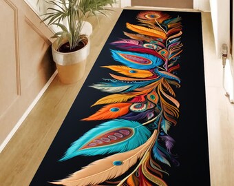 Colorful Feather Hallway Rug: Bird Design Runner