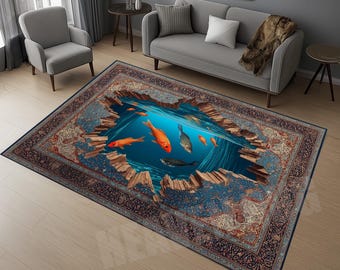 Underwater Scene Rug, Ocean Depth Rug, 3d Fish Illusion Rug, Aqua Portal Rug, Marine Art Rug,Deep Sea Rug,Aquarium Style Rug,Water World Rug