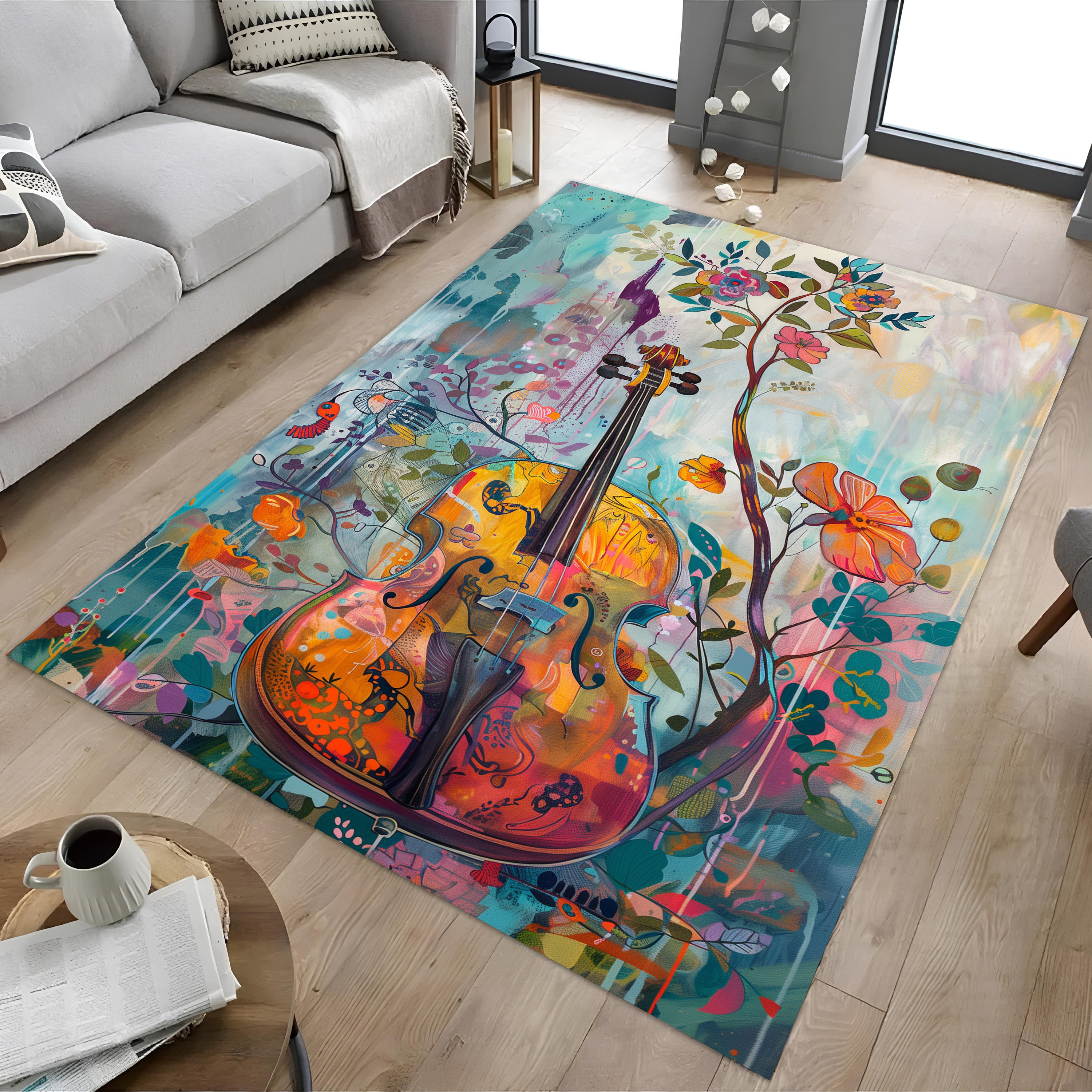 Floral Violin Rug: Music Room Decor