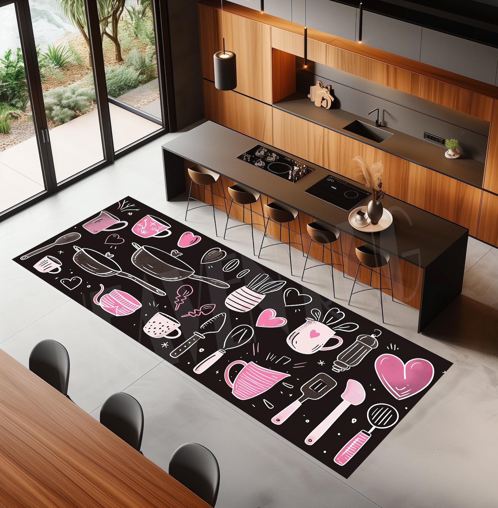 Dark Kitchen Rug Black Kitchen Rug: Pink Utensil Design, Non-slip Hallway Runner - Etsy