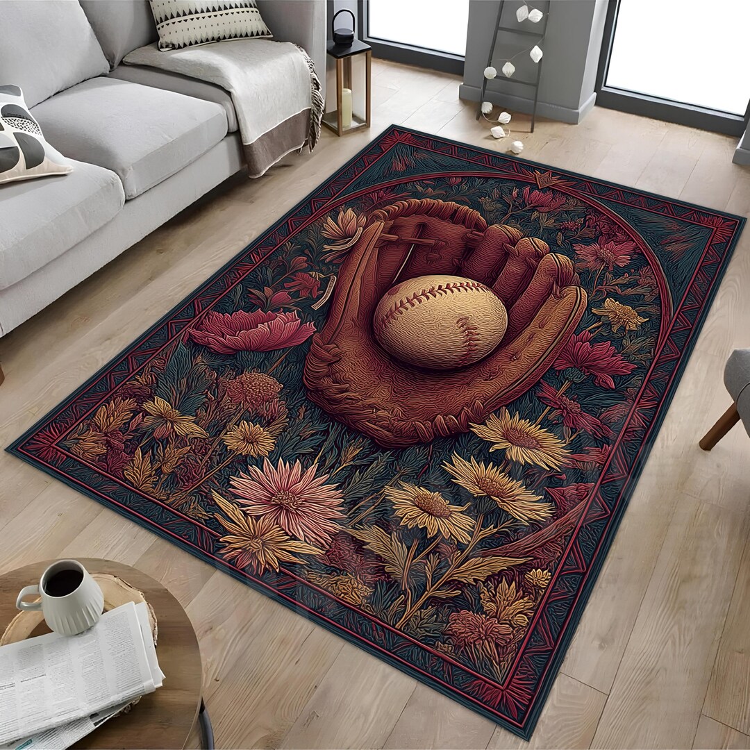 Baseball Rug Drawing Baseball Rug: Vintage Style Game Room Decor, Non-slip Cotton Base - Etsy