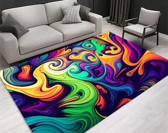 Pode incluir: Tapete de área abstrato com um padrão de redemoinho de cores brilhantes, incluindo amarelo, laranja, verde, azul, roxo e rosa sobre um fundo azul escuro.