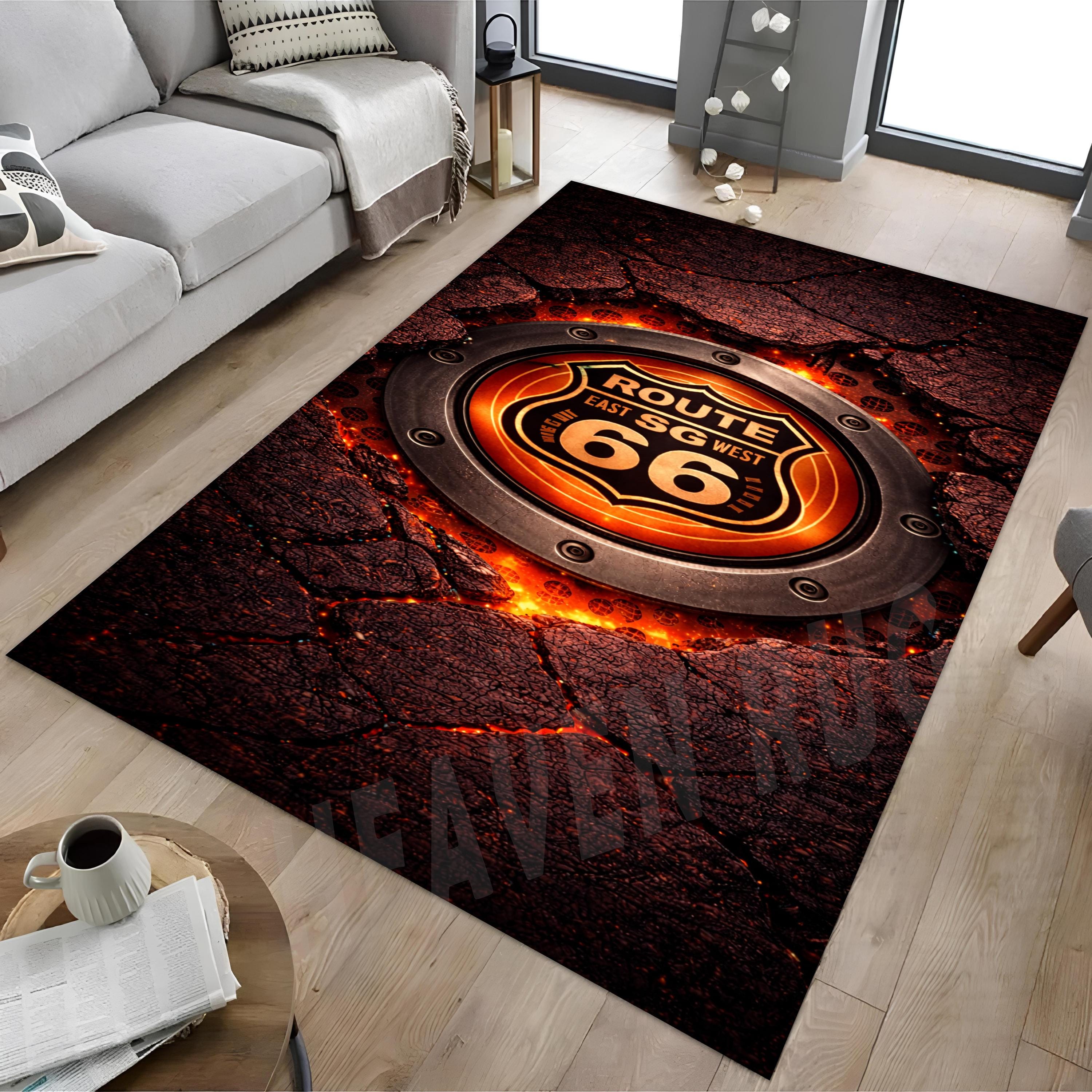 ROUTE 66 デザイン ラグ マット ヴィンテージ風 Route 66 Cracked Asphalt Rug, 3D Retro Highway Manhole Cover Floor