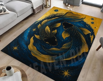 Koi Fish Area Rug, Gold and Navy, Japanese Yin Yang Decor