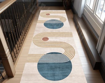 Mid Century Modern Runner Rug: Abstract Lines, Circles Design