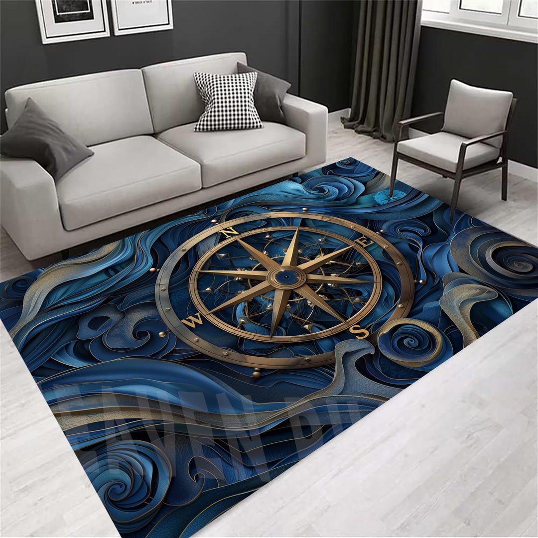 Blue Compass Rug Navy Blue Compass Rug: Sailor Decor, Non-slip Cotton Base - Etsy
