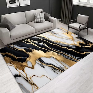 Può includere: Tappeto da area astratto con un design in marmo bianco, nero e oro. Il tappeto ha uno stile moderno e contemporaneo.