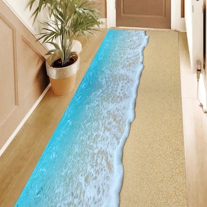 Beach Hallway Runner Rug: Coastal Sea Wave Design