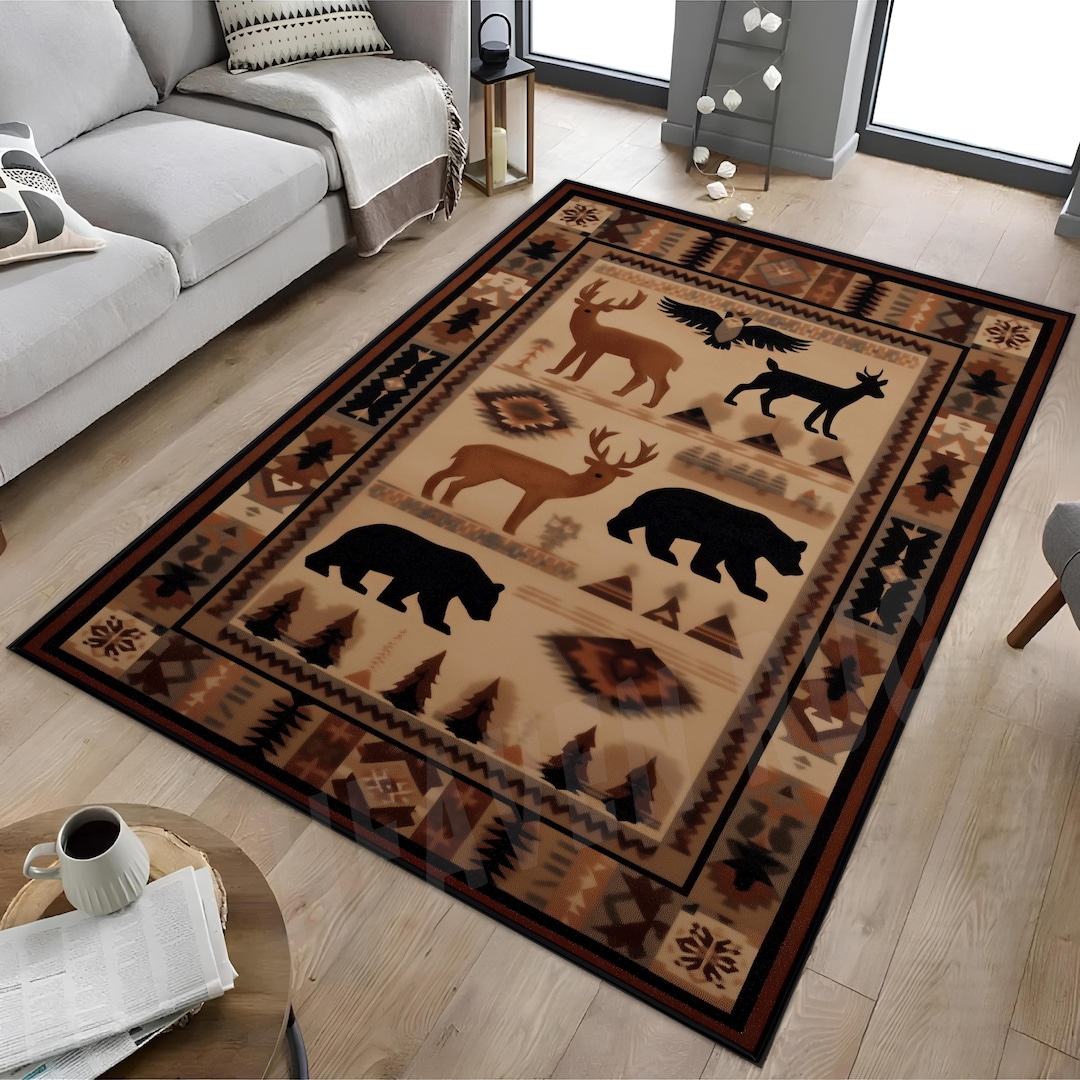 Woodland Animal Rug, Rustic Forest Rug, Cabin Style Rug, Tribal Nature ...