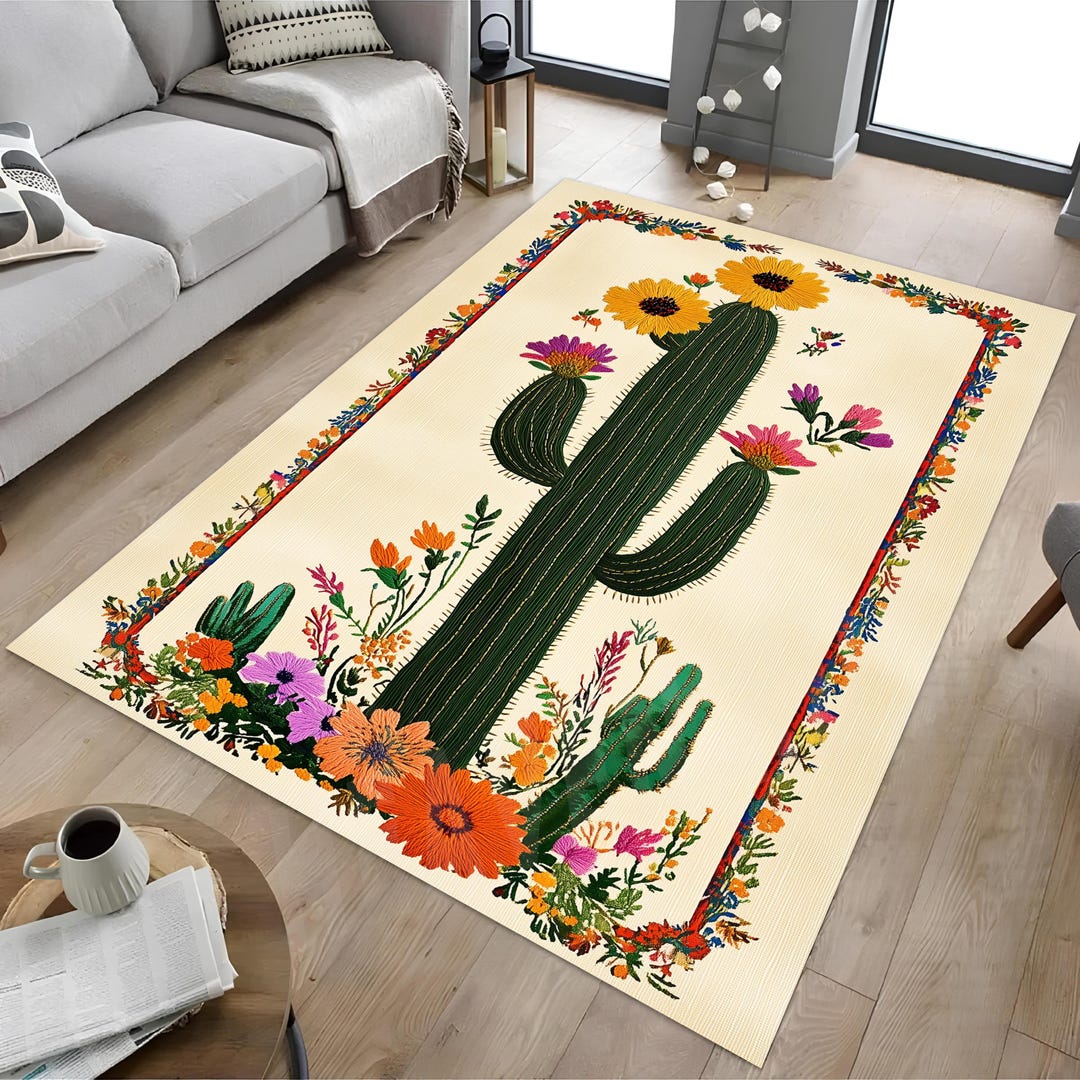 Cactus Rug, Colorful Flowers Beige Rug, Botanical Rug, Cactus Decor Rug ...