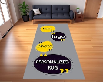 Puede incluir: Una alfombra gris con círculos negros y amarillos. Los círculos tienen texto dentro que dice "text", "logo", "photo" y "alfombra personalizada".