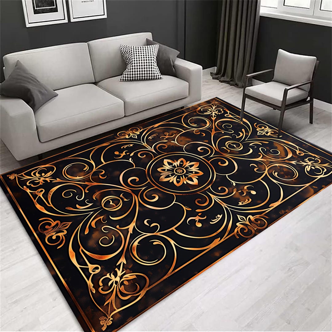Black and Gold Oriental Rug: Rustic Modern Design - Etsy