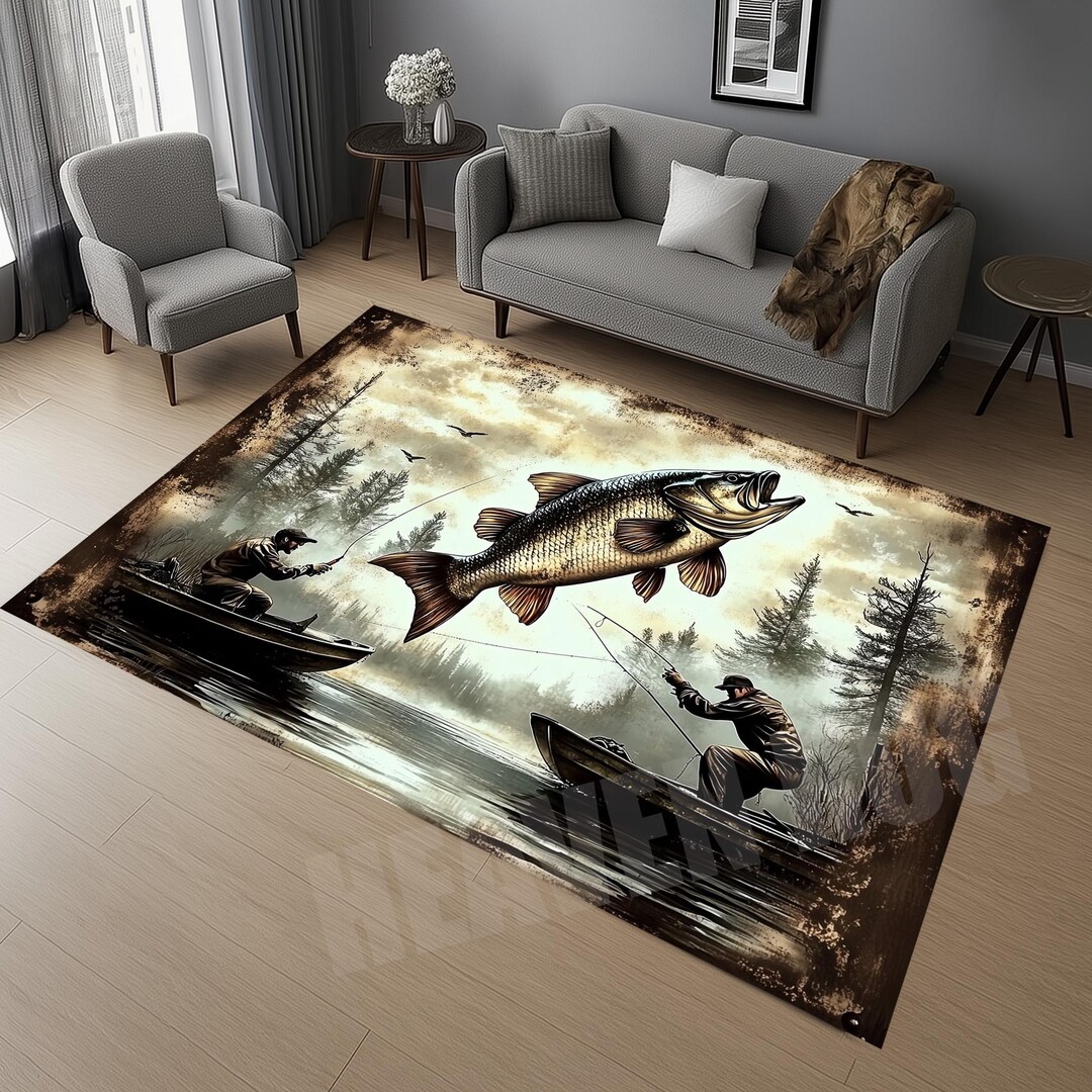 Fish Rug Bass Bass Fishing Scene Rug, Rustic Lake Art Carpet, Fisherman Cabin Decor ...