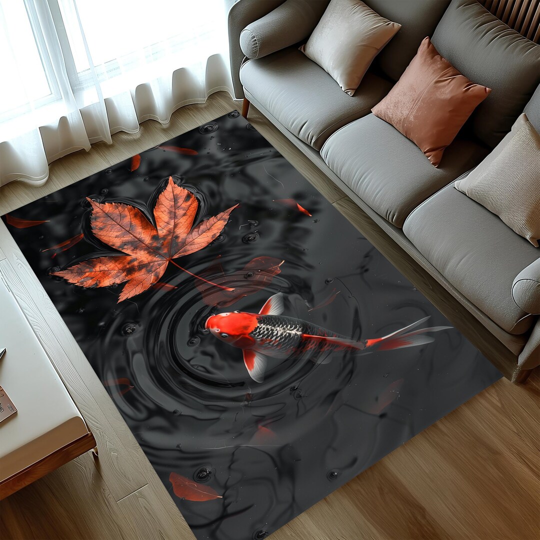 Koi Fish Rug, Orange Koi Fish Rug, Leaf Koi Fishes Rug, Japanese Art
