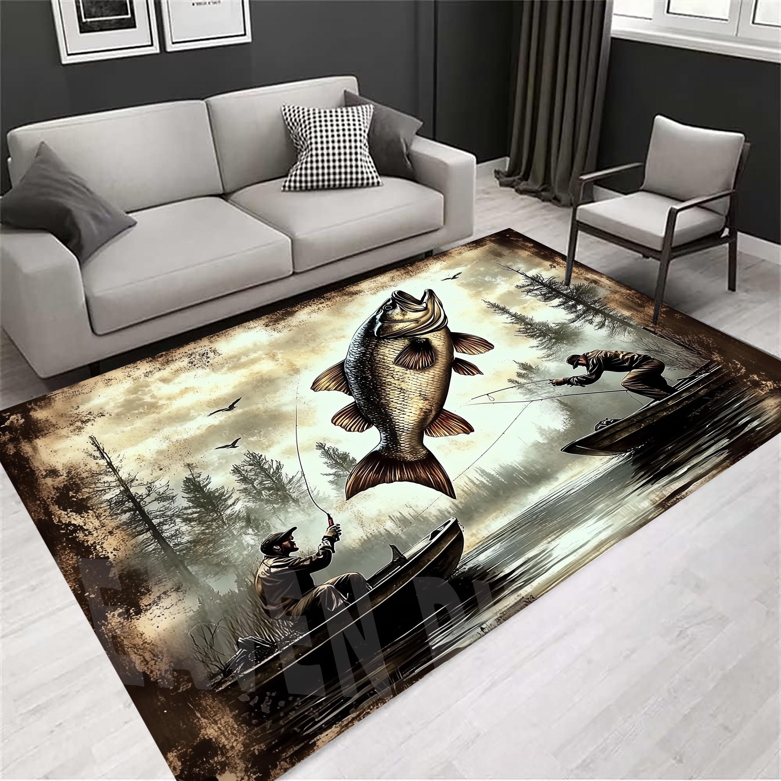 Fish Rug Bass Bass Fishing Scene Rug, Rustic Lake Art Carpet, Fisherman Cabin Decor ...