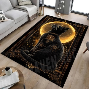 Gothic Black Cat Rug: Gold Moon Celestial Decor