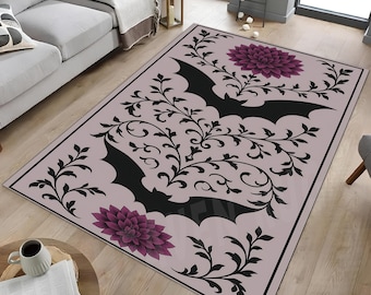 Black Bat & Flowers Velvet Rug: Gothic Home Decor