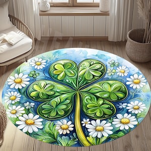 Green Clover Rug, Daisy Decor Rug,Clover Round Rug,St Patricks Day,Clover Rug,Happy St Patricks Day,St Patrick&#39;s Day Rug,St Patrick Day Gift