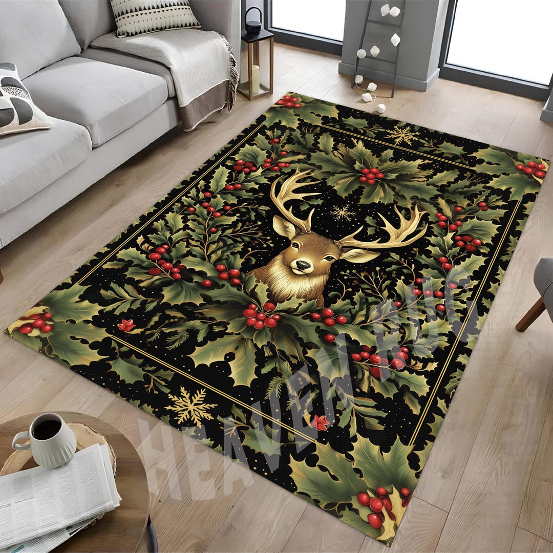 Deer and Holly Berry Rug, Wildlife Forest Design - Etsy